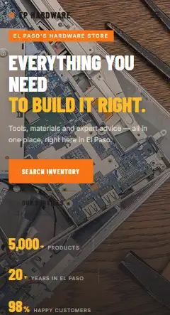 The EP Hardware site on a phone, in English