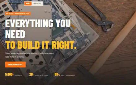 EP Hardware website — an El Paso hardware store homepage with a searchable inventory of 5,000 products