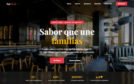 La Mesa website — a family restaurant landing page in Spanish with menu and reservations